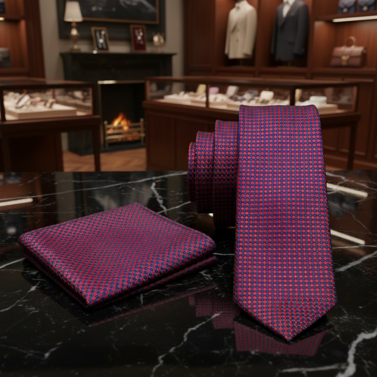 Alt View: A Red, Blue Check Pattern Necktie, Matching Pocket Square