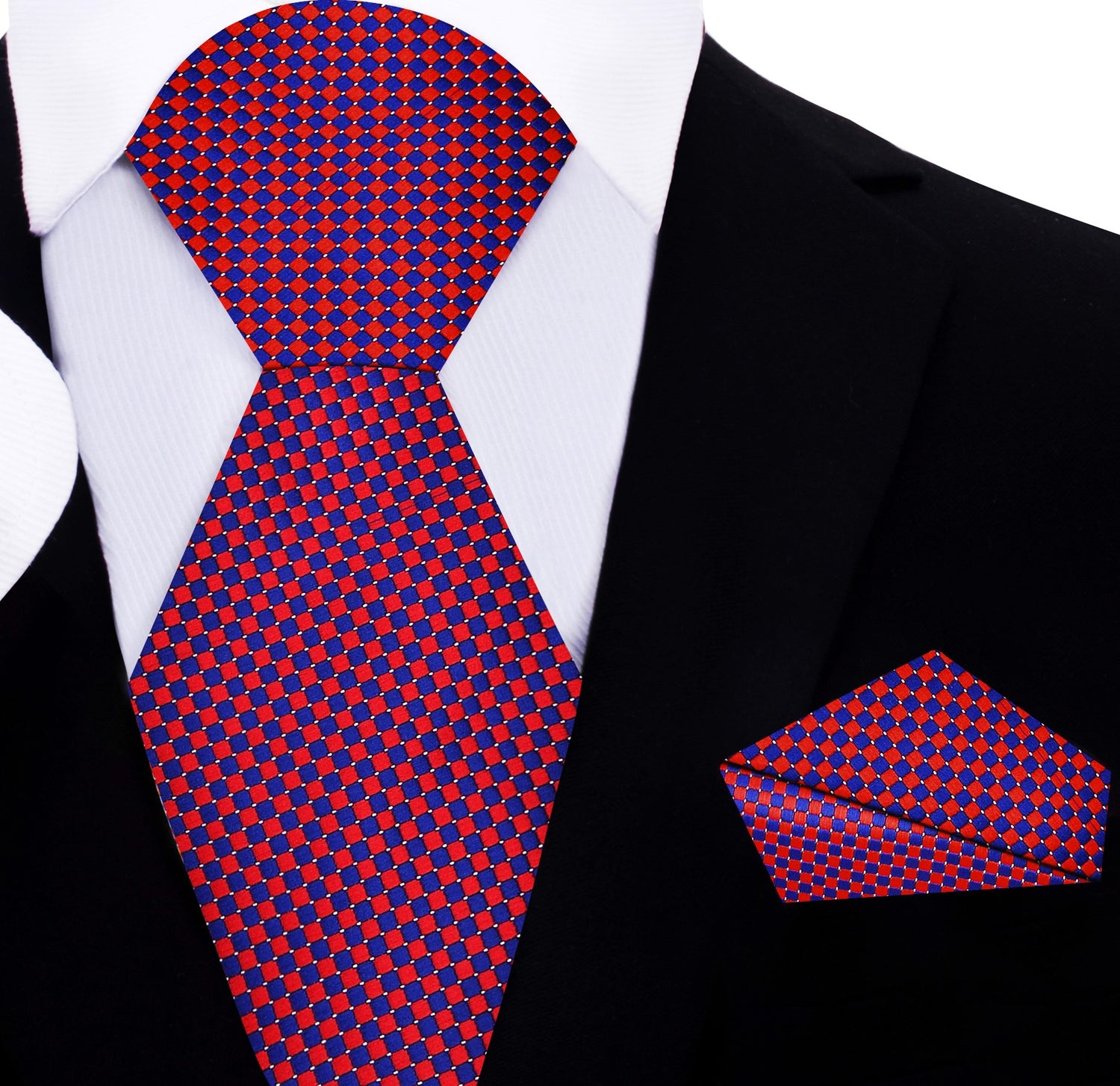 A Red, Blue Check Pattern Silk Necktie, Matching Pocket Square