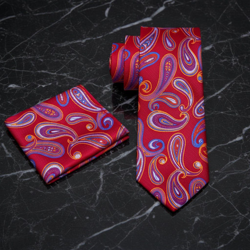 Alt View: A Red, Blue Color Paisley Pattern Necktie, Matching Pocket Square