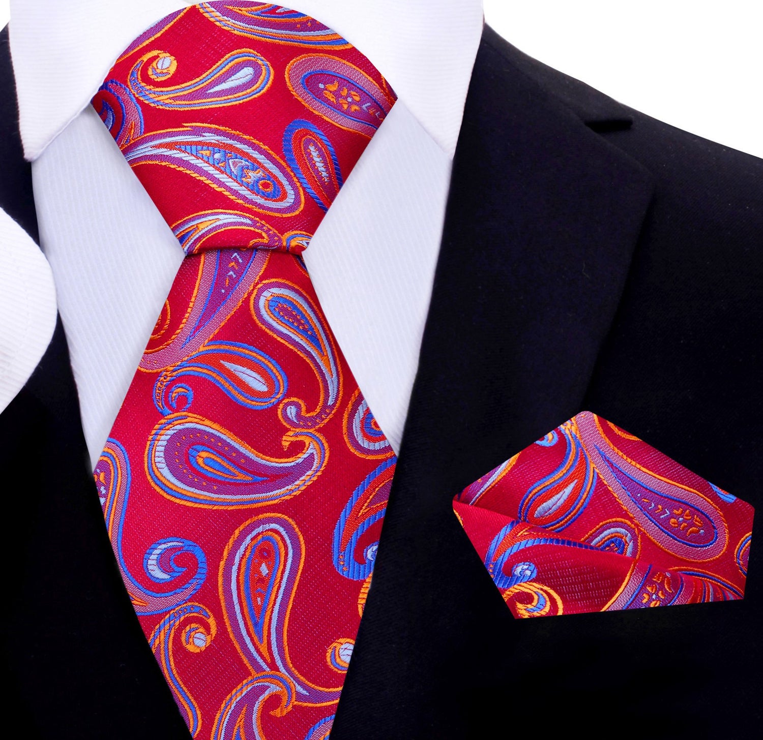 A Red, Blue Color Paisley Pattern Necktie, Matching Pocket Square