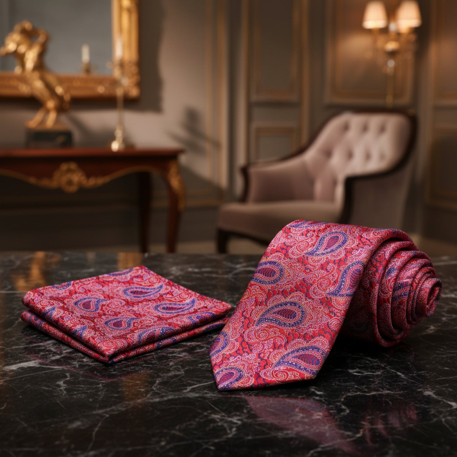 Alt View: Red with Blue Paisley Tie and Pocket Square