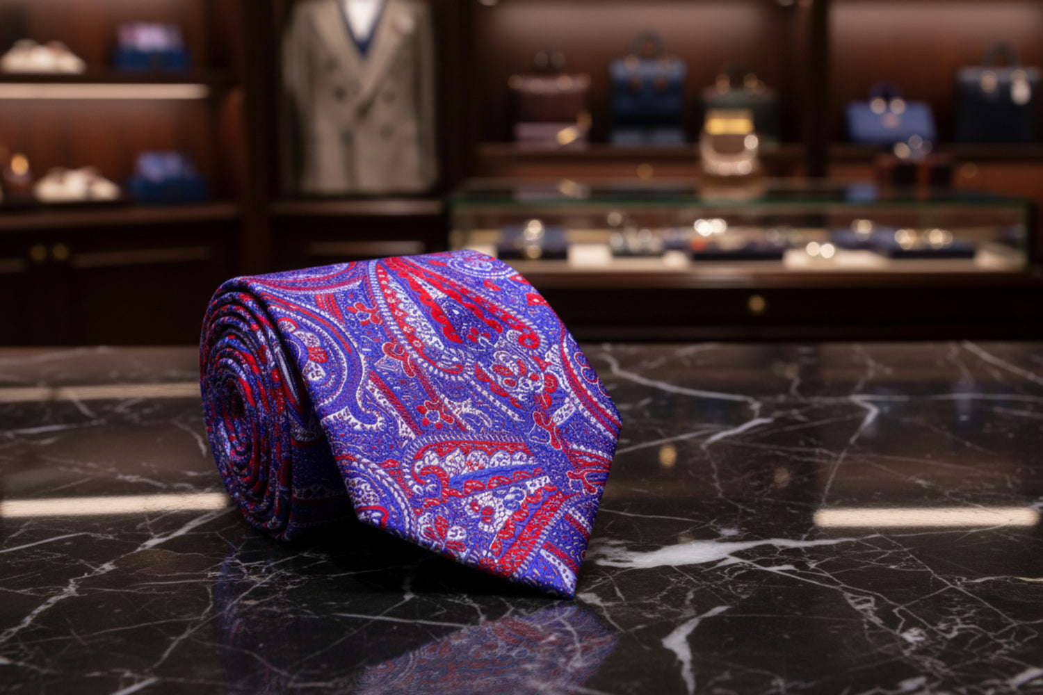 A Red, White, Blue Intricate Design And Paisley Pattern Necktie