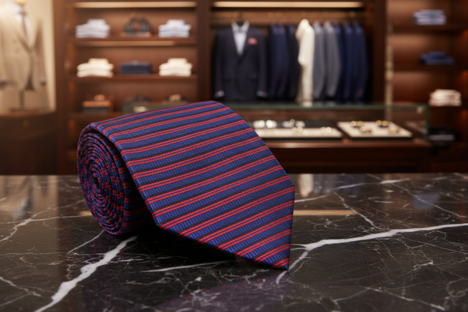 A Red, Blue Horizontal Line Pattern Necktie 
