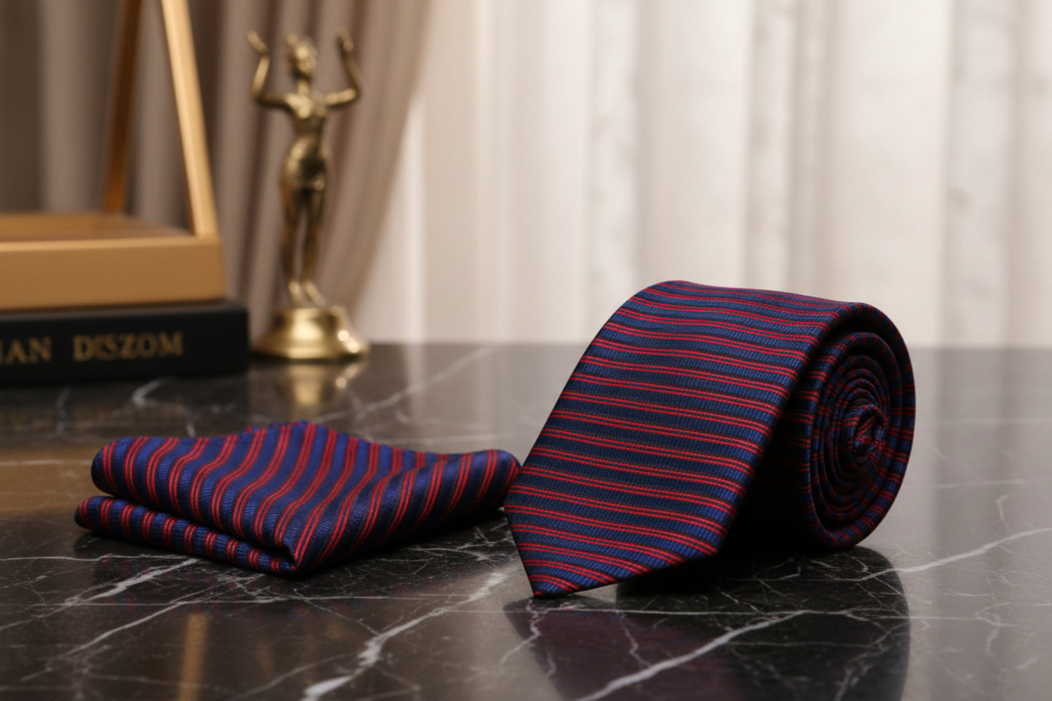Alt View: A Red, Blue Horizontal Line Pattern Necktie, Matching Pocket Square