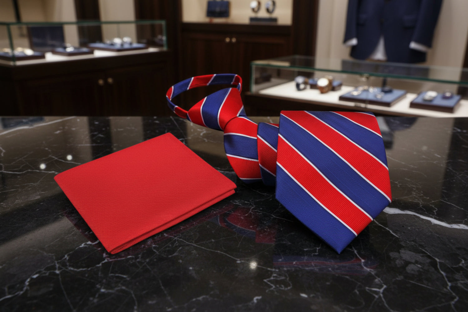 Zipper: Main View: Red, White, Blue Stripe Tie and Red Pocket Square