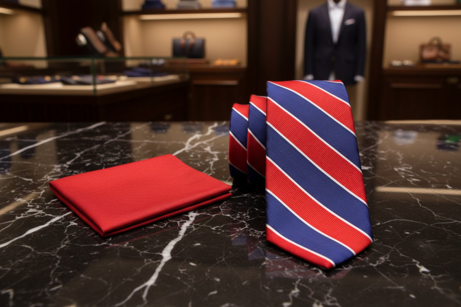 Alt View: Main View: Red, White, Blue Stripe Tie and Red Pocket Square