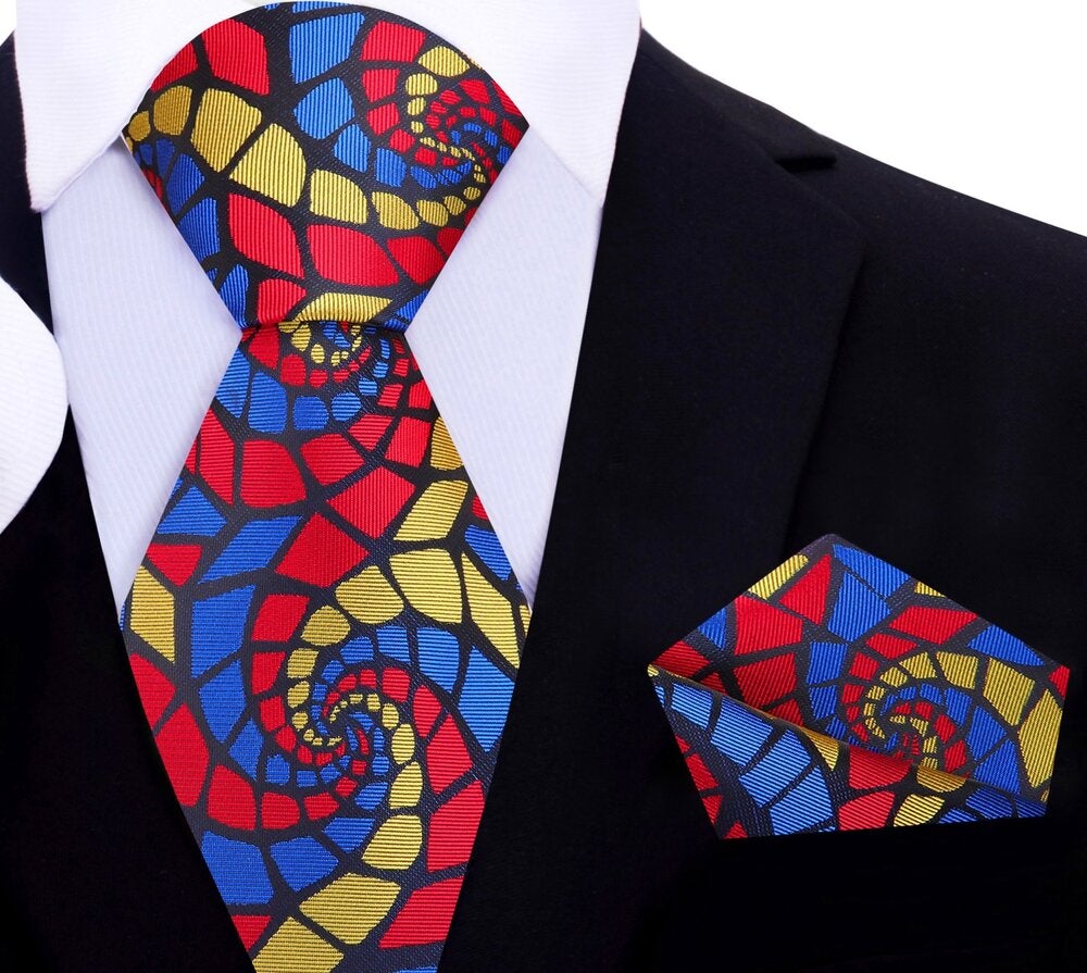 A Red, Blue and Yellow Abstract Swirl Pattern Necktie, Matching Pocket Square