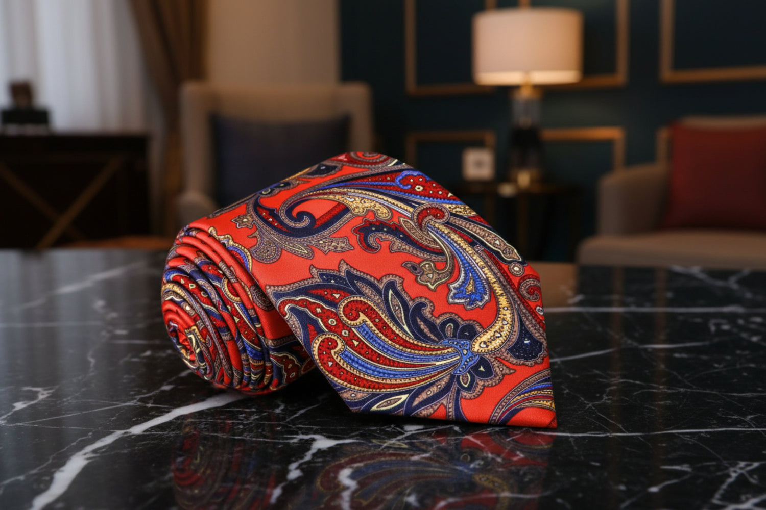 A Red, Blue, Yellow Floral Pattern Necktie 
