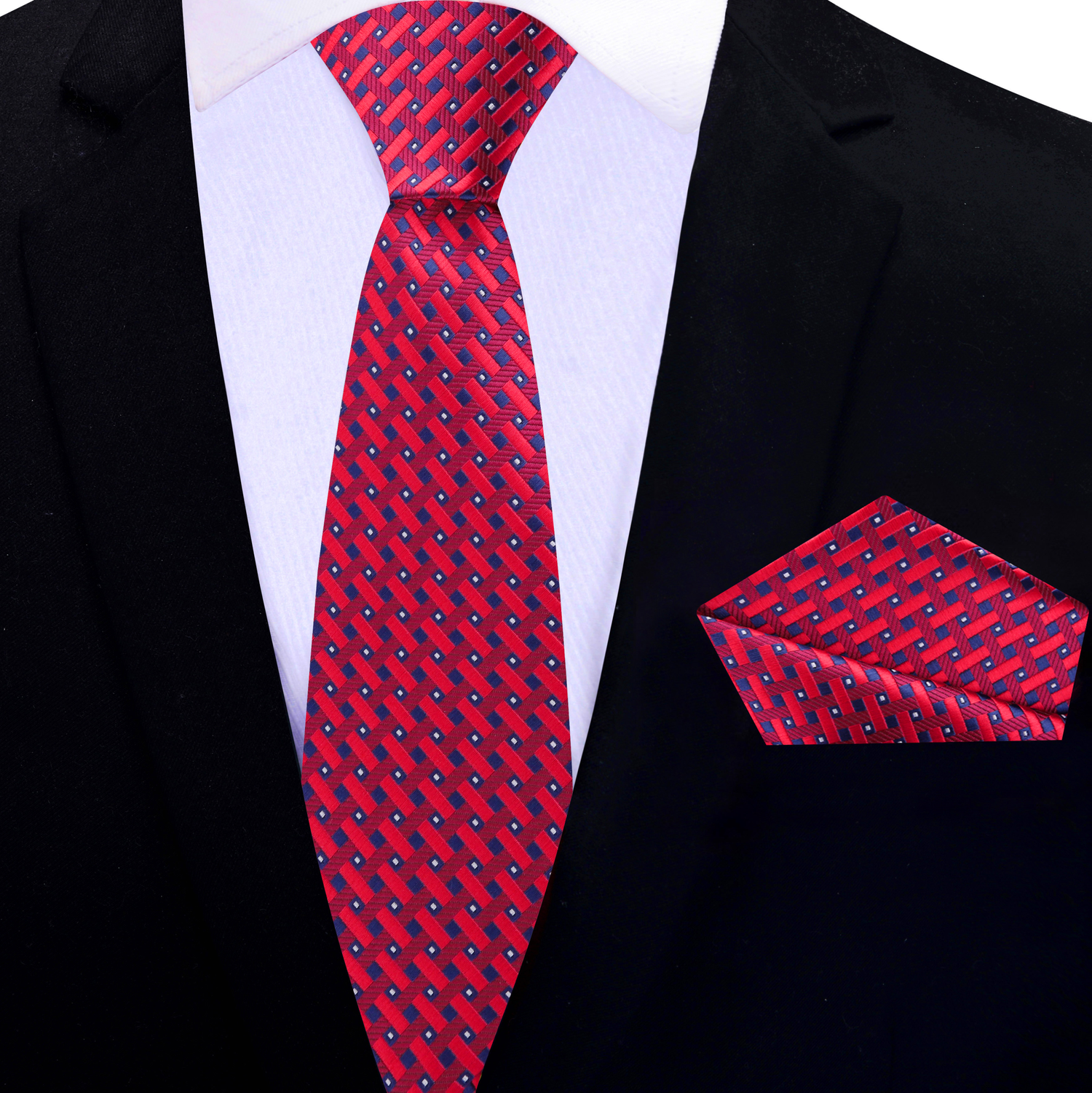 Red, Blue Interlock Thin Tie and Square