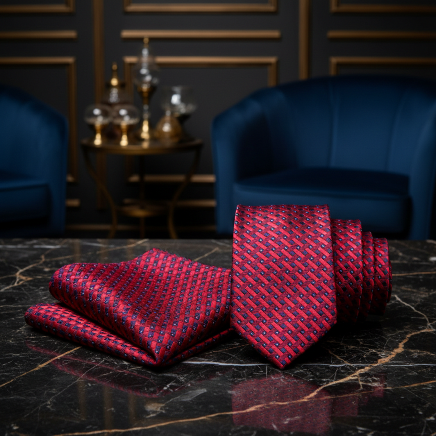 View 2: Red, Blue Interlock Tie and Square