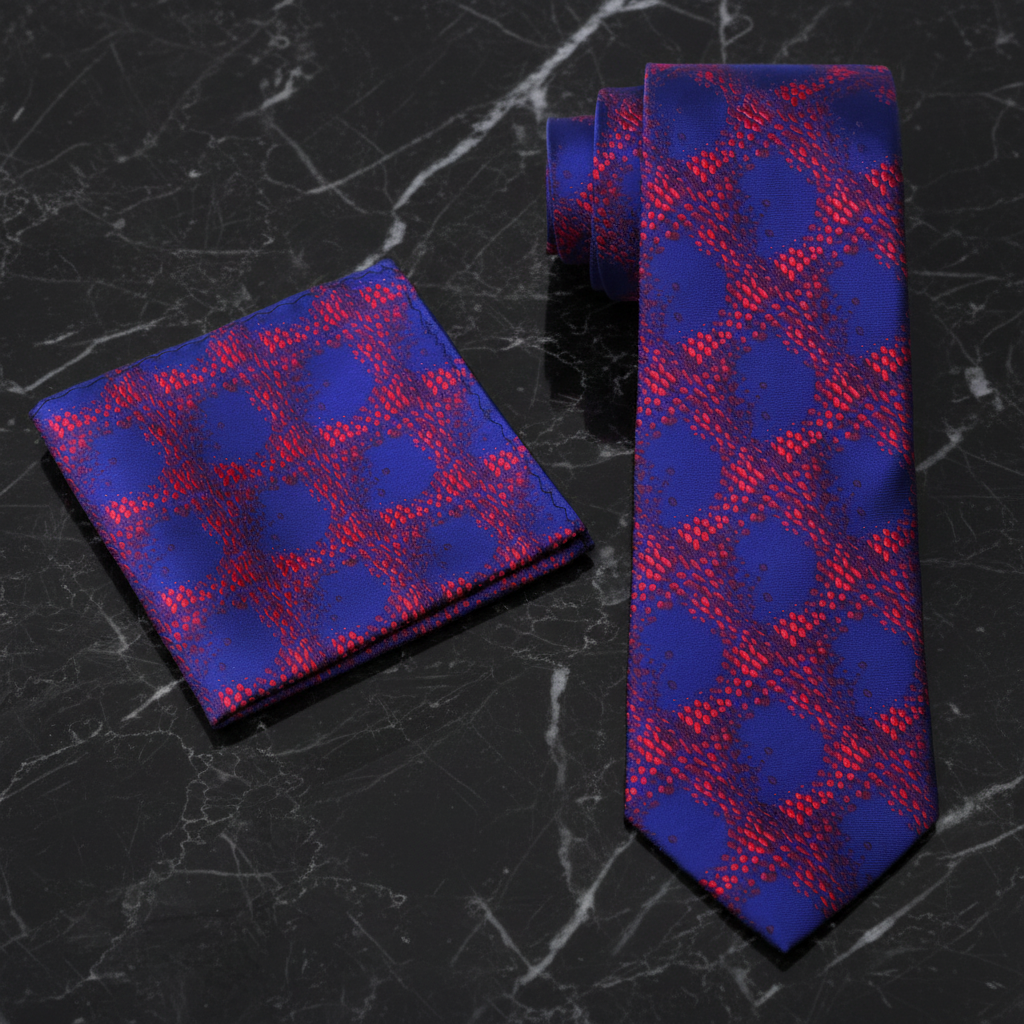 View 2: Red and Blue Abstract Cubes Tie and Pocket Square