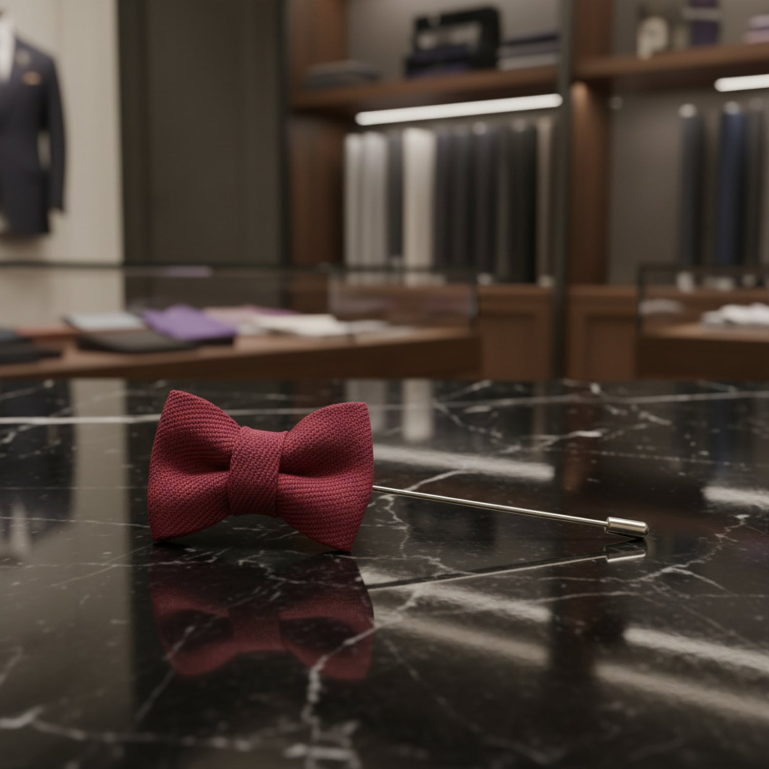 A Red Colored Bow Tie Shaped Lapel Pin||Light Red