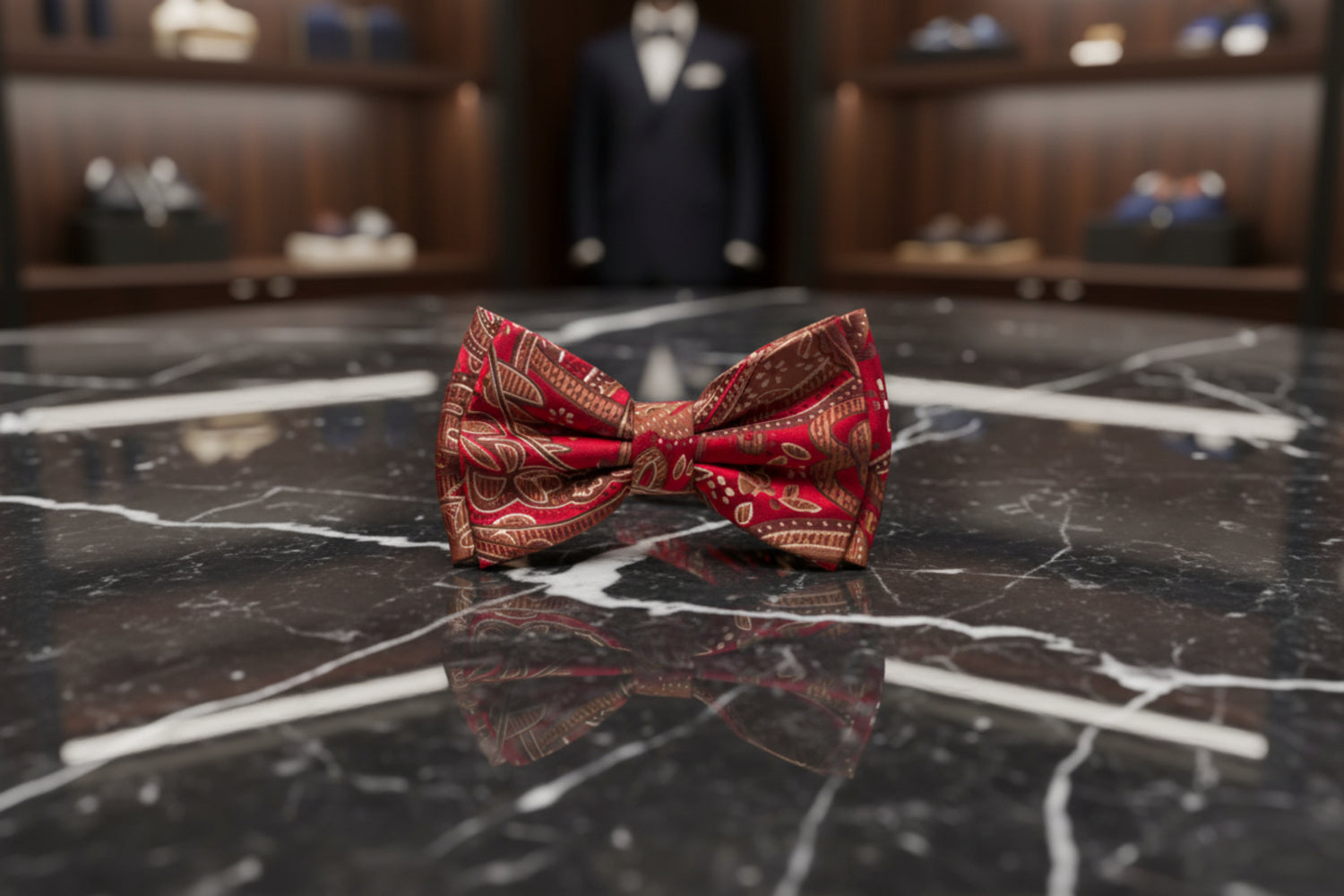 A Deep Red, Brown Paisley Pattern Self Tie Bow Tie 