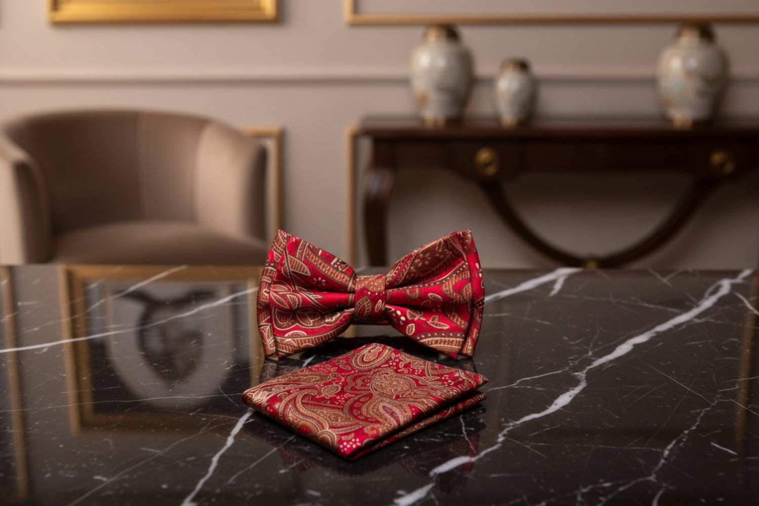 Main View: A Deep Red, Brown Color With Paisley Pattern Kids Pre-Tied Bow Tie, Matching Pocket Square