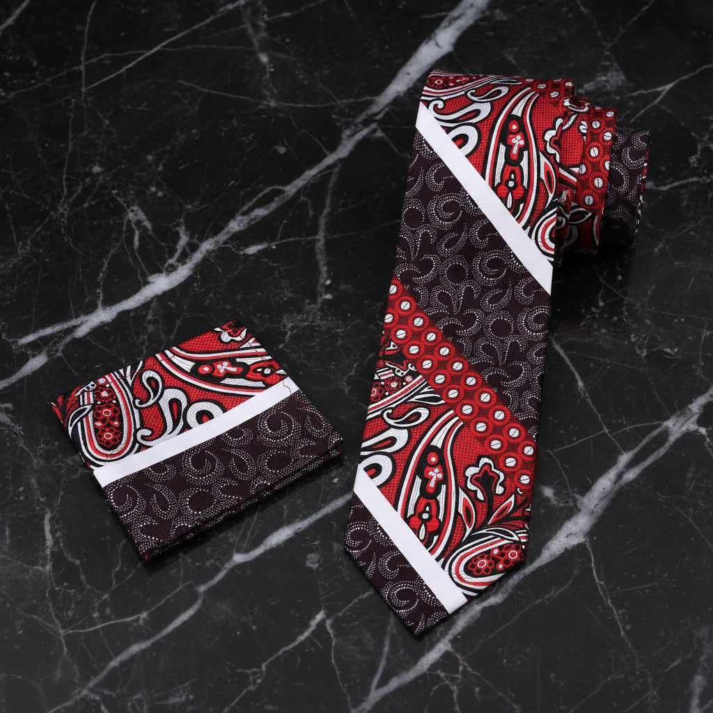 Alt View: Red, Brown, White Abstract Paisley Tie and Pocket Square