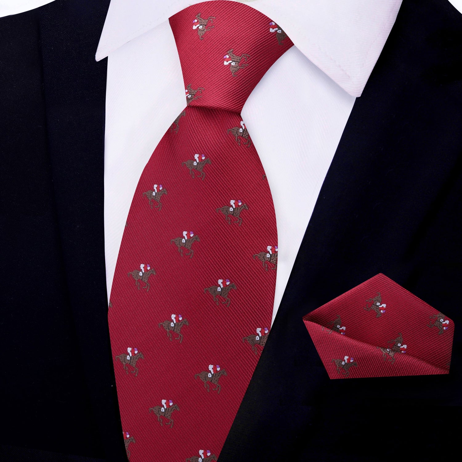 Red Brown White Racehorse and Jockey Thoroughbred Necktie and Pocket Square