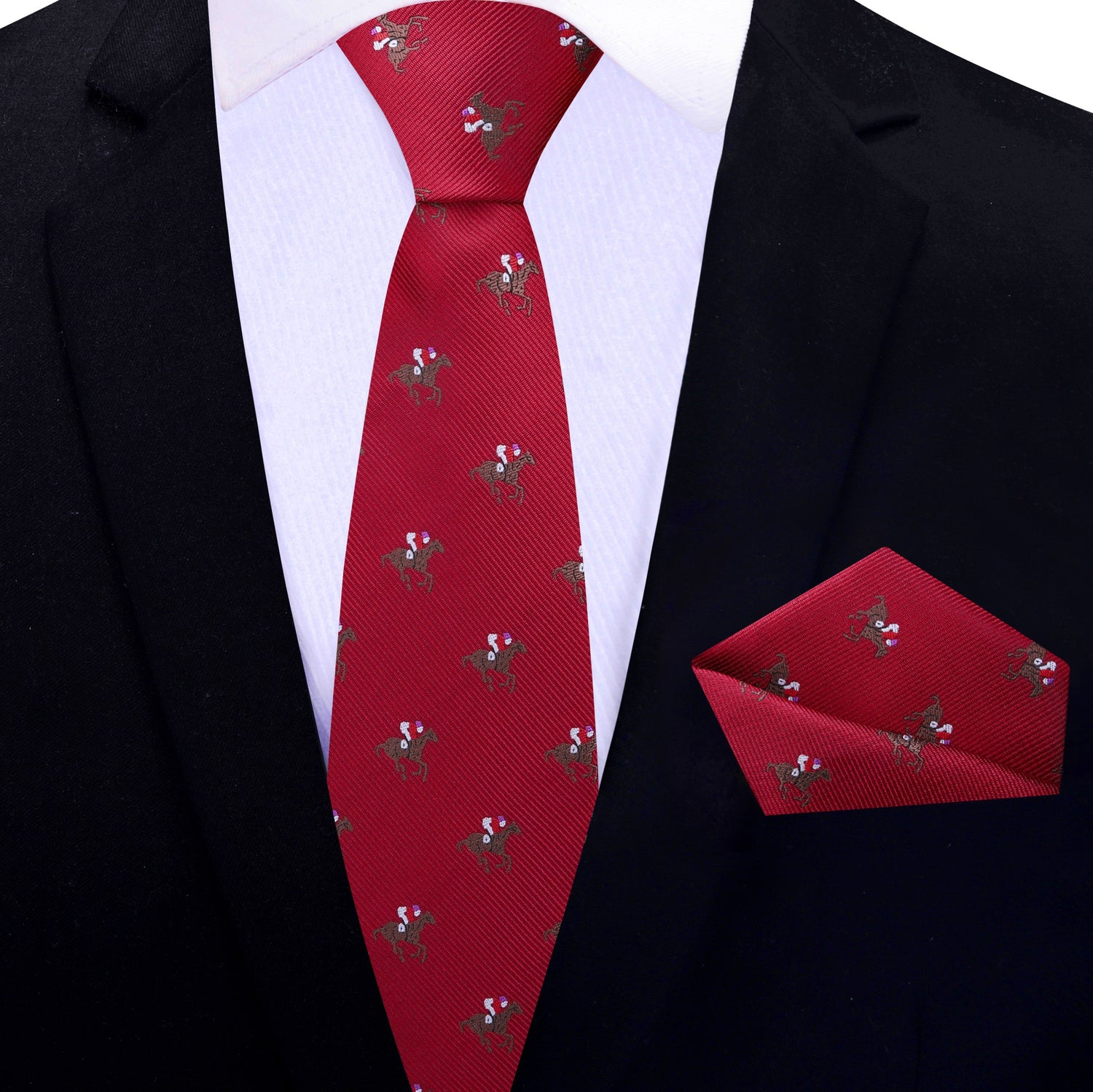 Red Brown White Racehorse and Jockey Thoroughbred Thin Necktie and Pocket Square