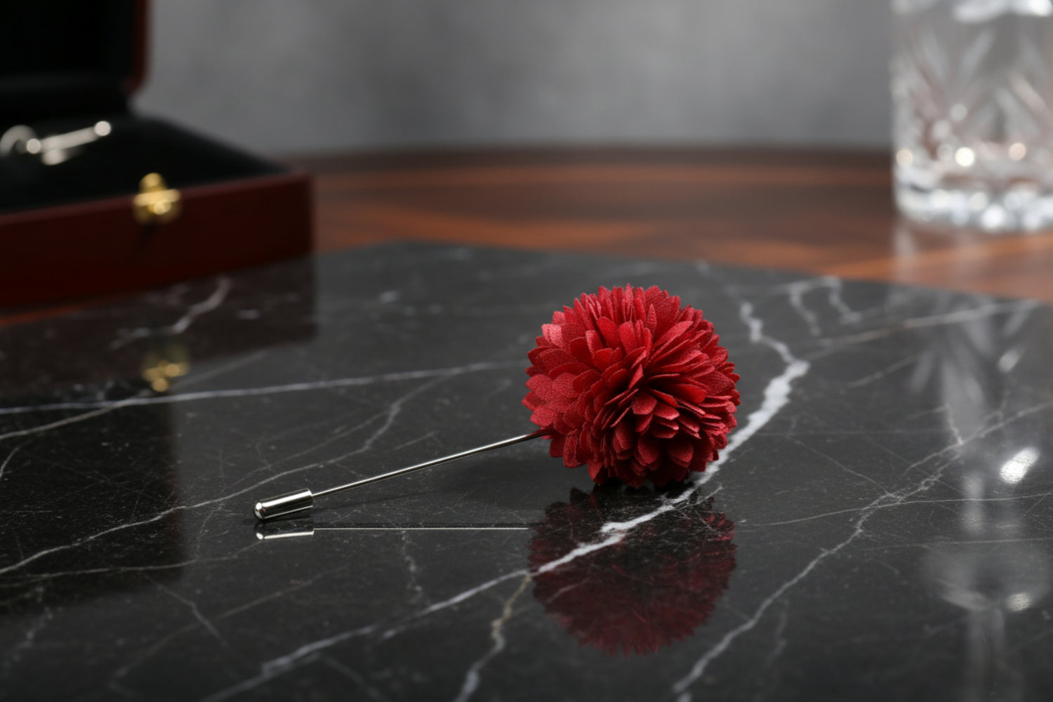 Main: A Solid Red Colored Thin Petal Lapel Flower Burst