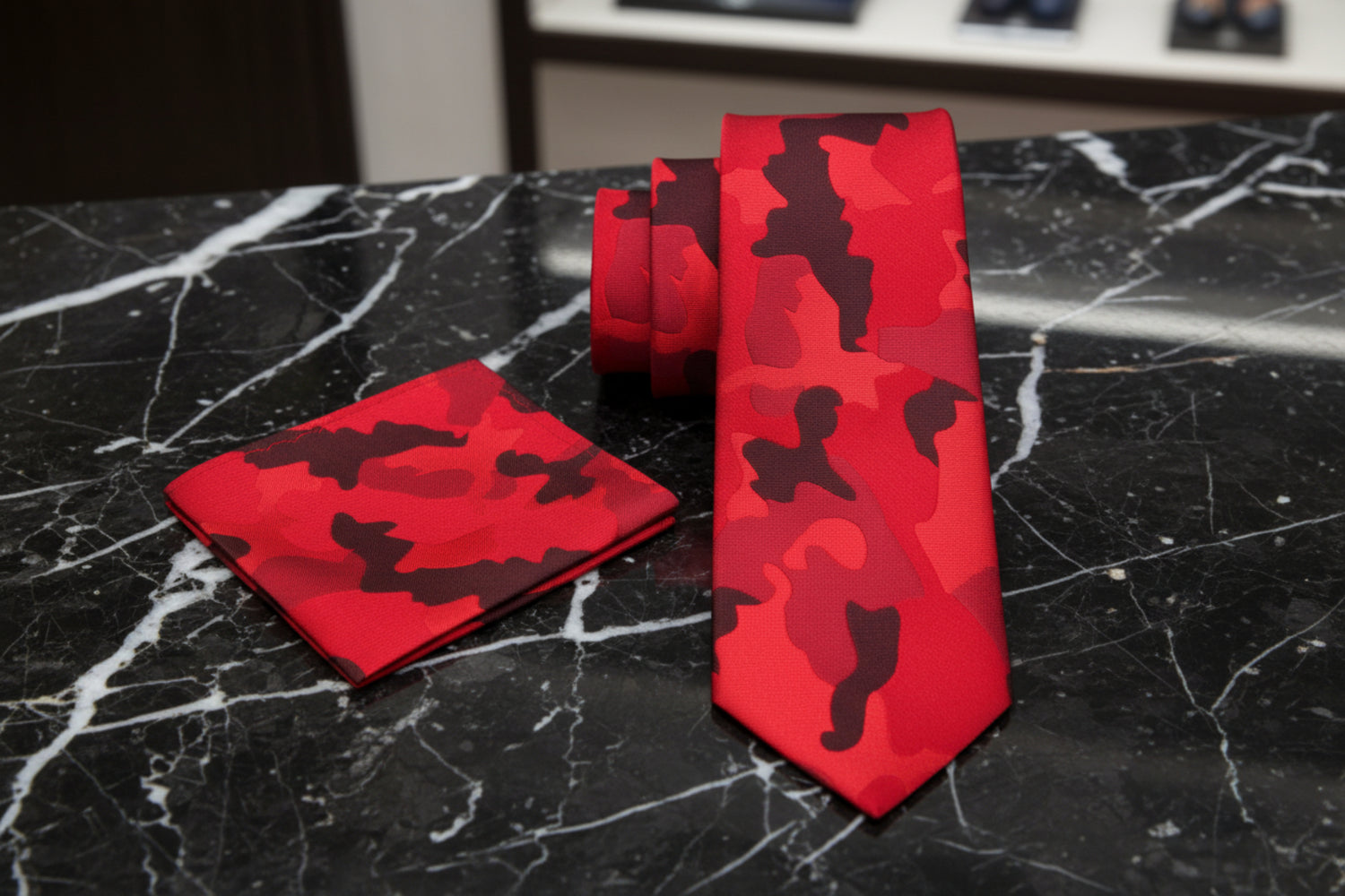 Alt View: A Red, Light Red, Black Color Camouflage Fleck Pattern Necktie, Matching Pocket Square