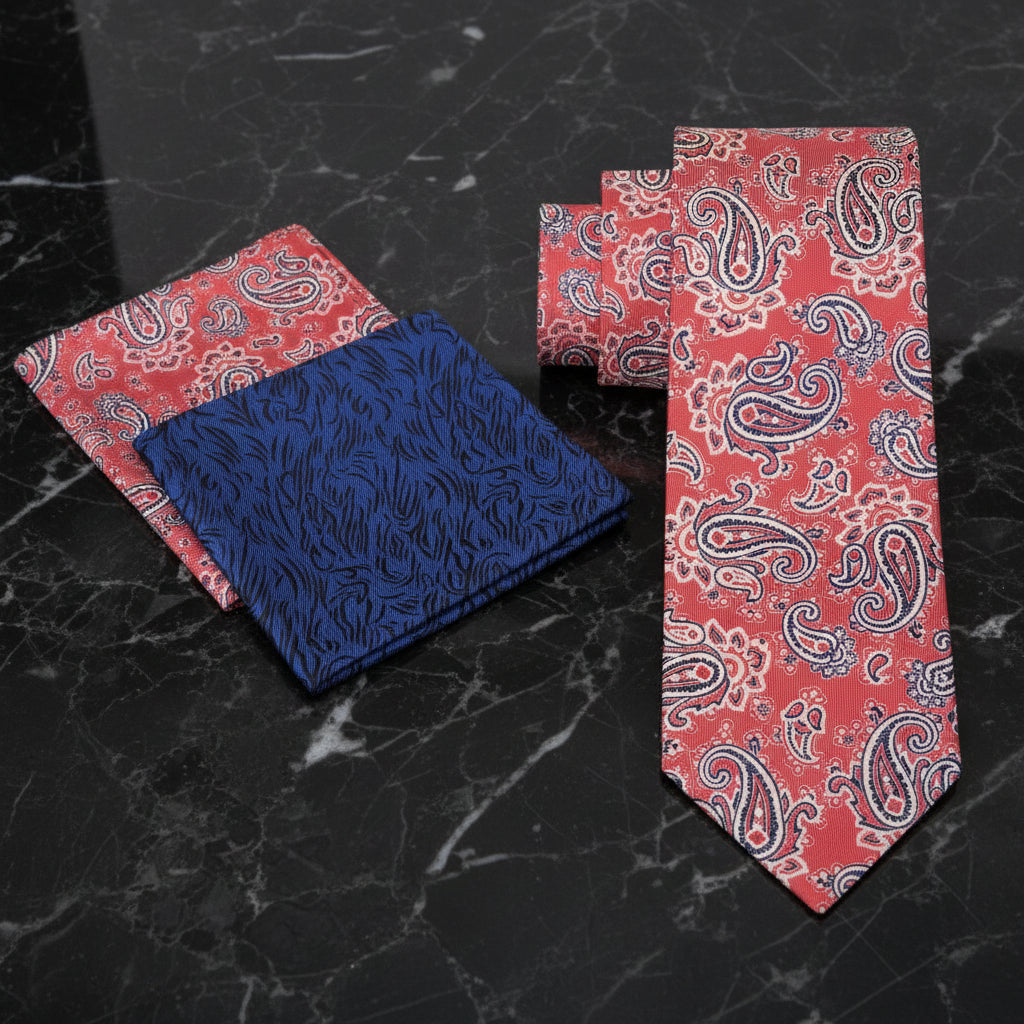 Alt View: Sunset Red Paisley Tie with Dark Blue, Black Abstract Pocket Square