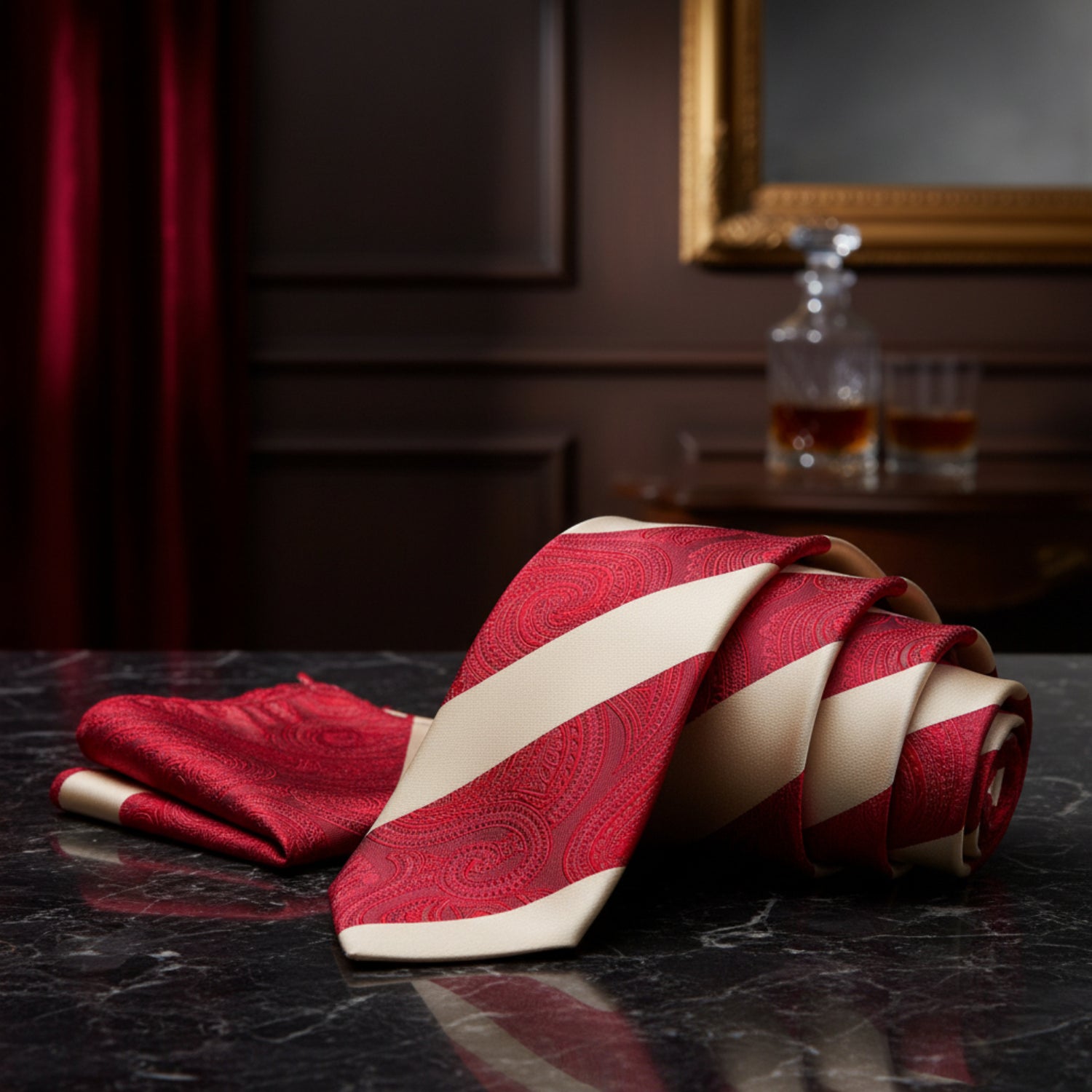 Alt View: Red Cream Paisley Tie and Square
