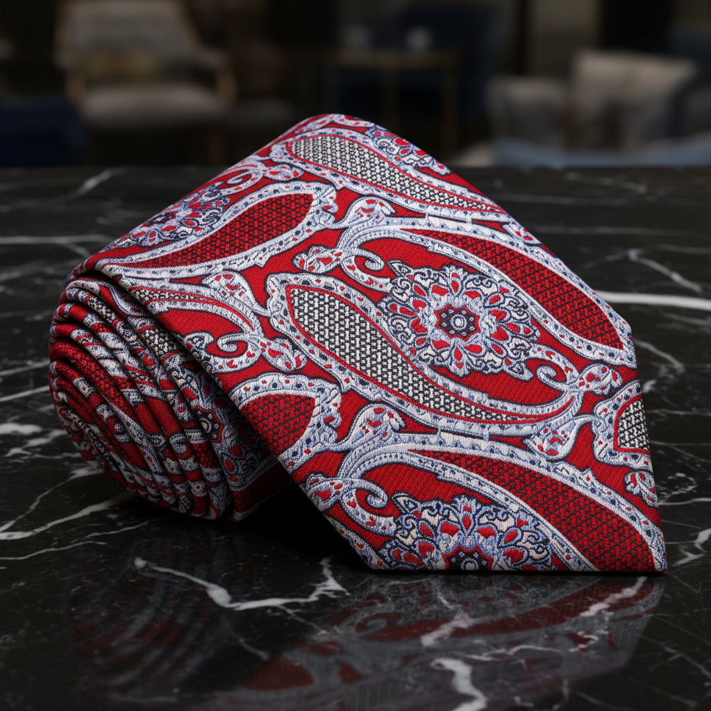 A Red, Black, White Paisley Pattern Necktie 