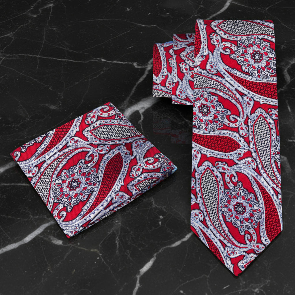 Alt View: A Red, Black, White Paisley Pattern Necktie, With Matching Pocket Square