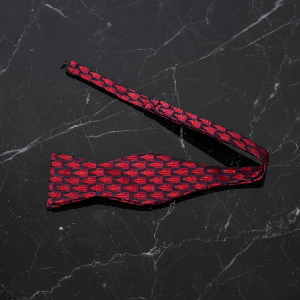 Self Tie: A Red, Black Geometric Diamonds Pattern Self Tie Bow Tie