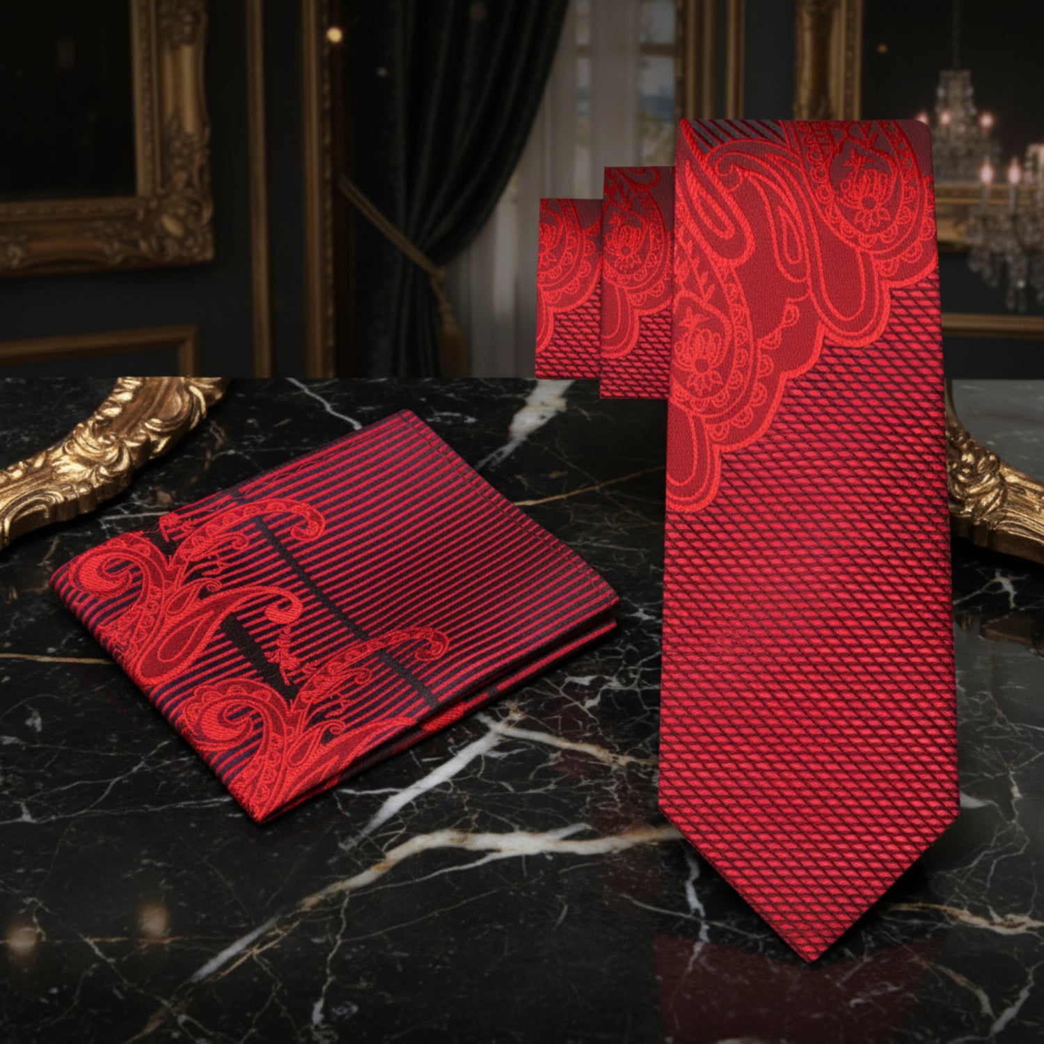  Shades of Red Paisley Tie and Pocket Square