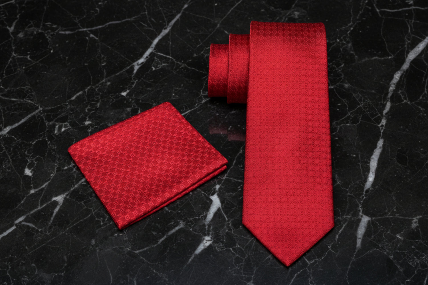 Alt View: Red Geometric Tie and Pocket Square