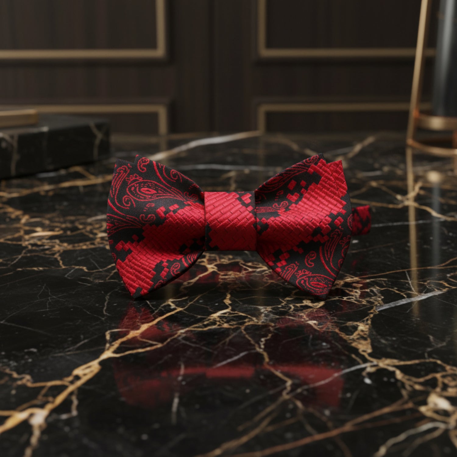 A Red, Black Geometric with Paisley Pattern Self Tie Bow Tie 