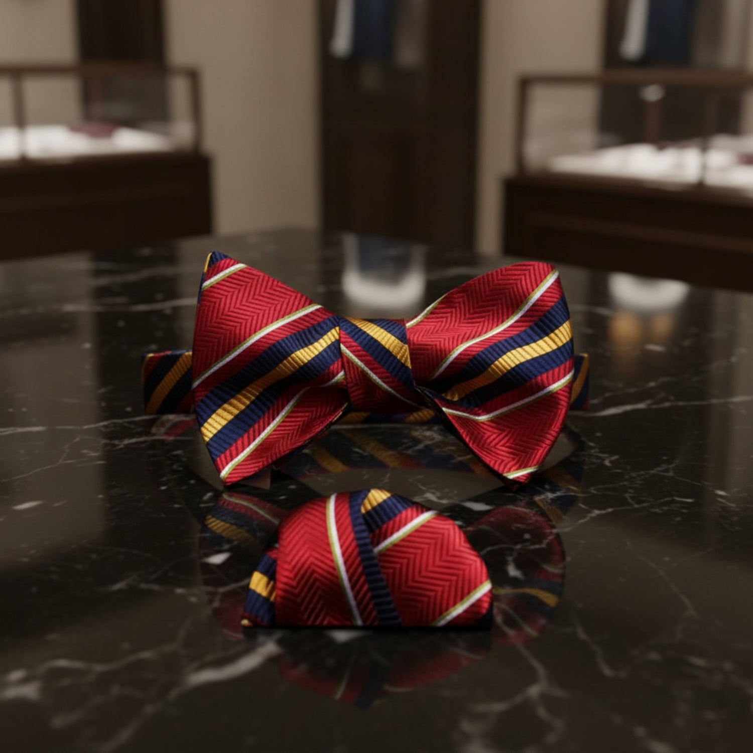 A Red, Yellow Stripe Pattern Pre Tied Bow Tie, Matching Pocket Square