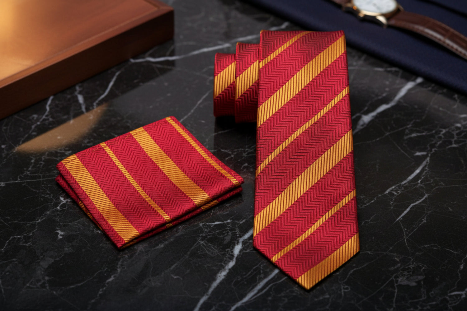 Alt View: red gold stripe tie and square