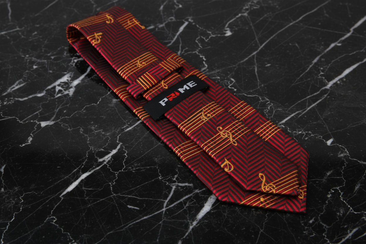 Deep Red And Gold Printed Music Pattern Necktie Keep