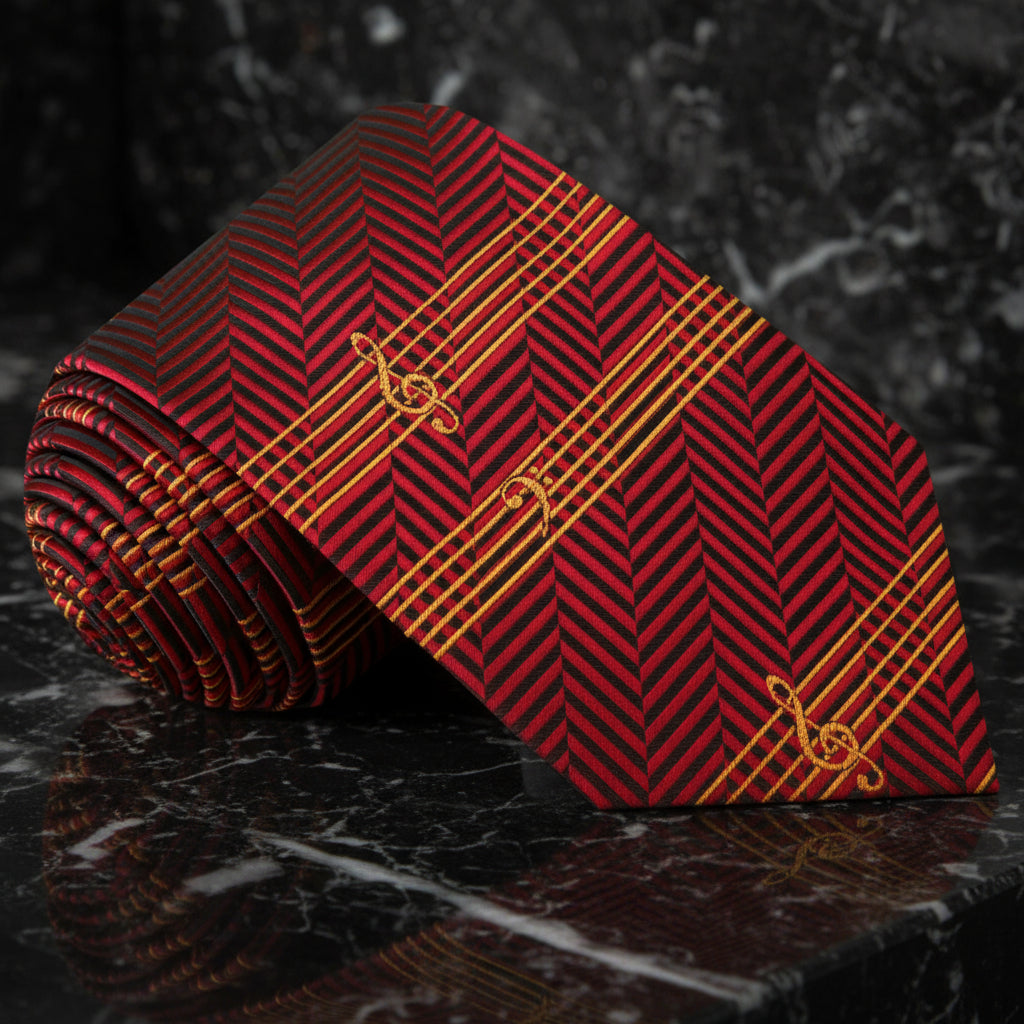 Deep Red And Gold Printed Music Pattern Necktie 