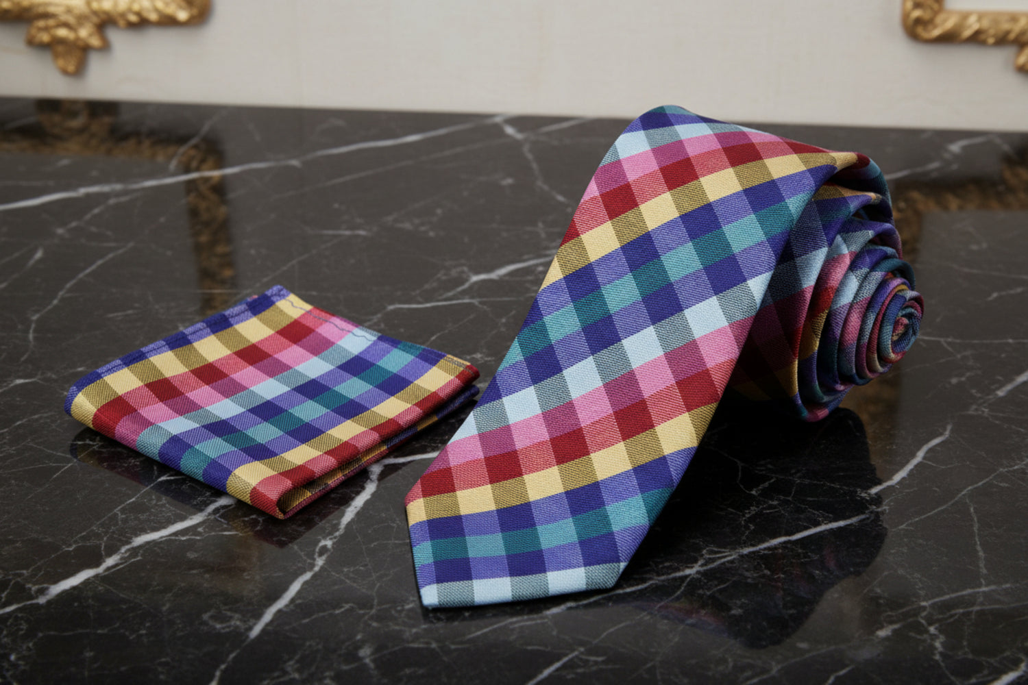 Alt View: A Red, Green, Yellow, Blue Small Geometric Check Pattern Necktie, With Matching Pocket Square