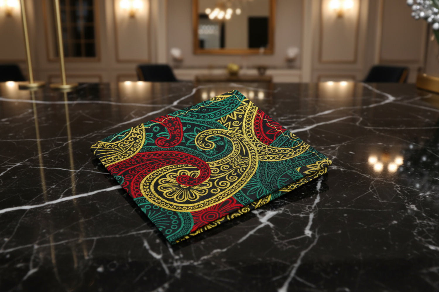 Red, Green, Yellow Gold Paisley Pocket Square