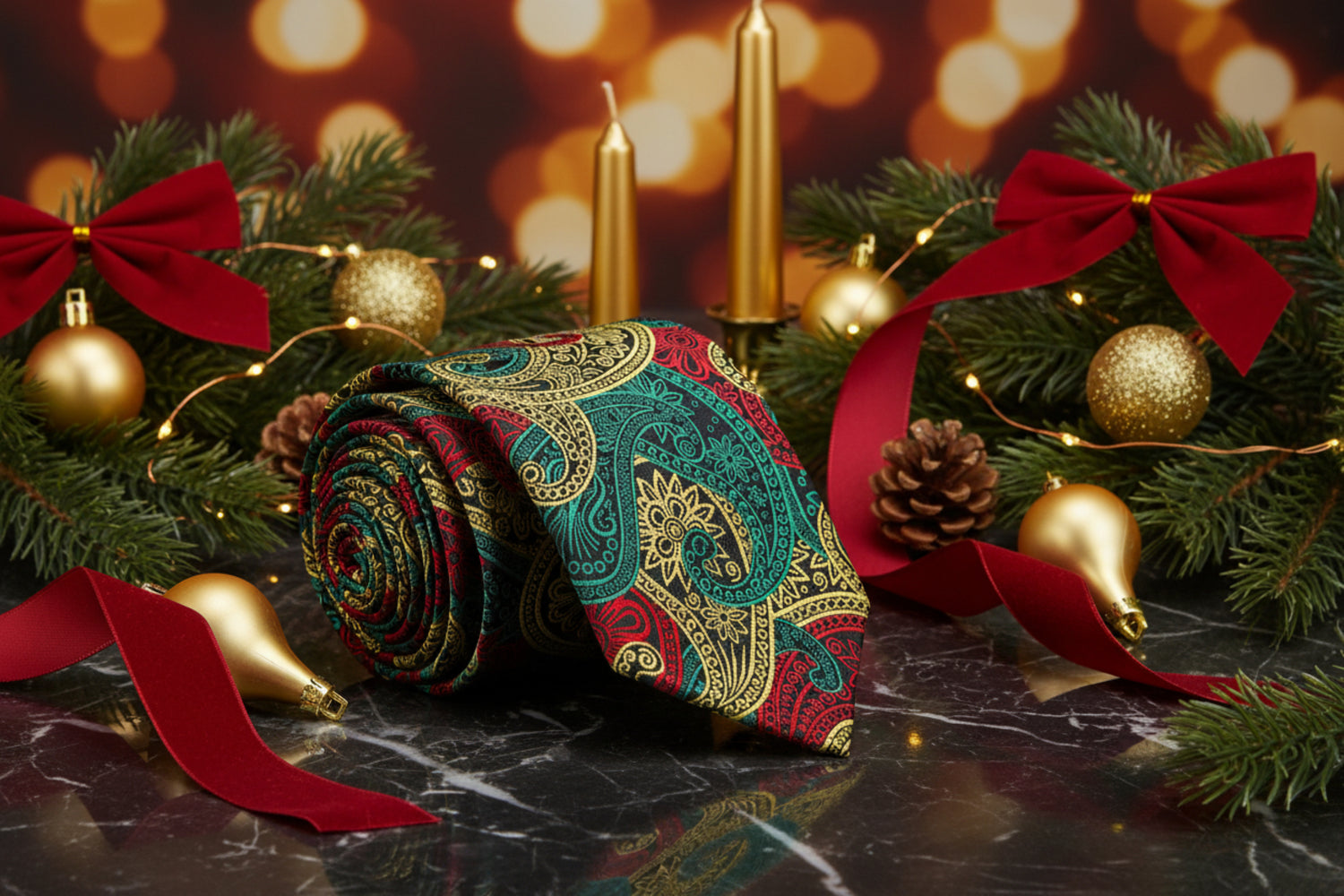 Red, Green, Black and Yellow Paisley Necktie
