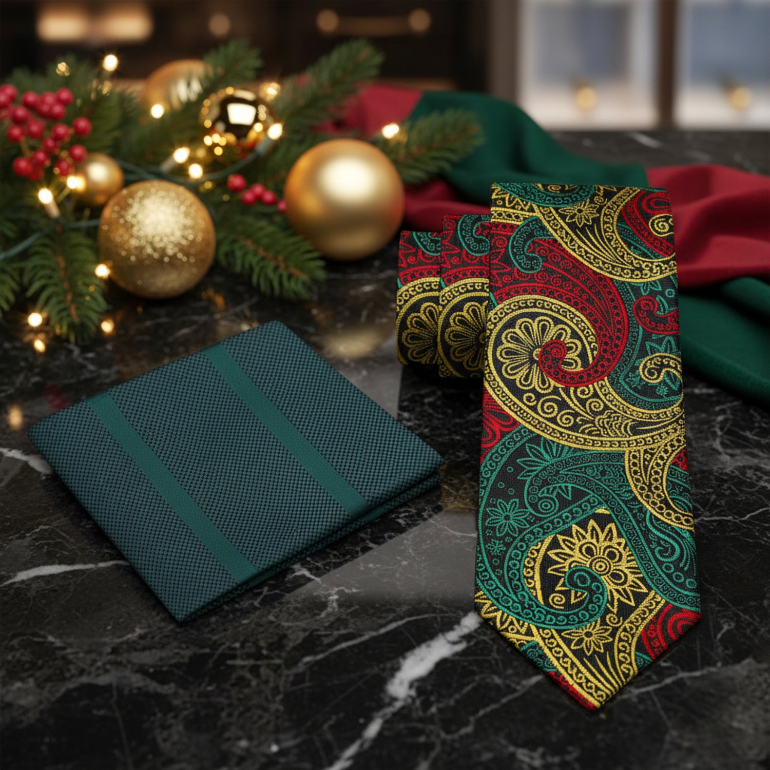 Alt Red, Green, Black and Yellow Paisley with an Accenting Green Square