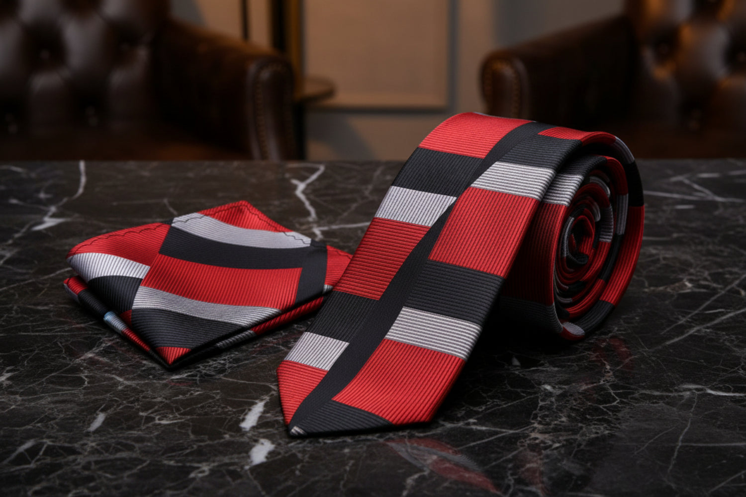 Red, Black Geometric/Abstract Tie and Pocket Square