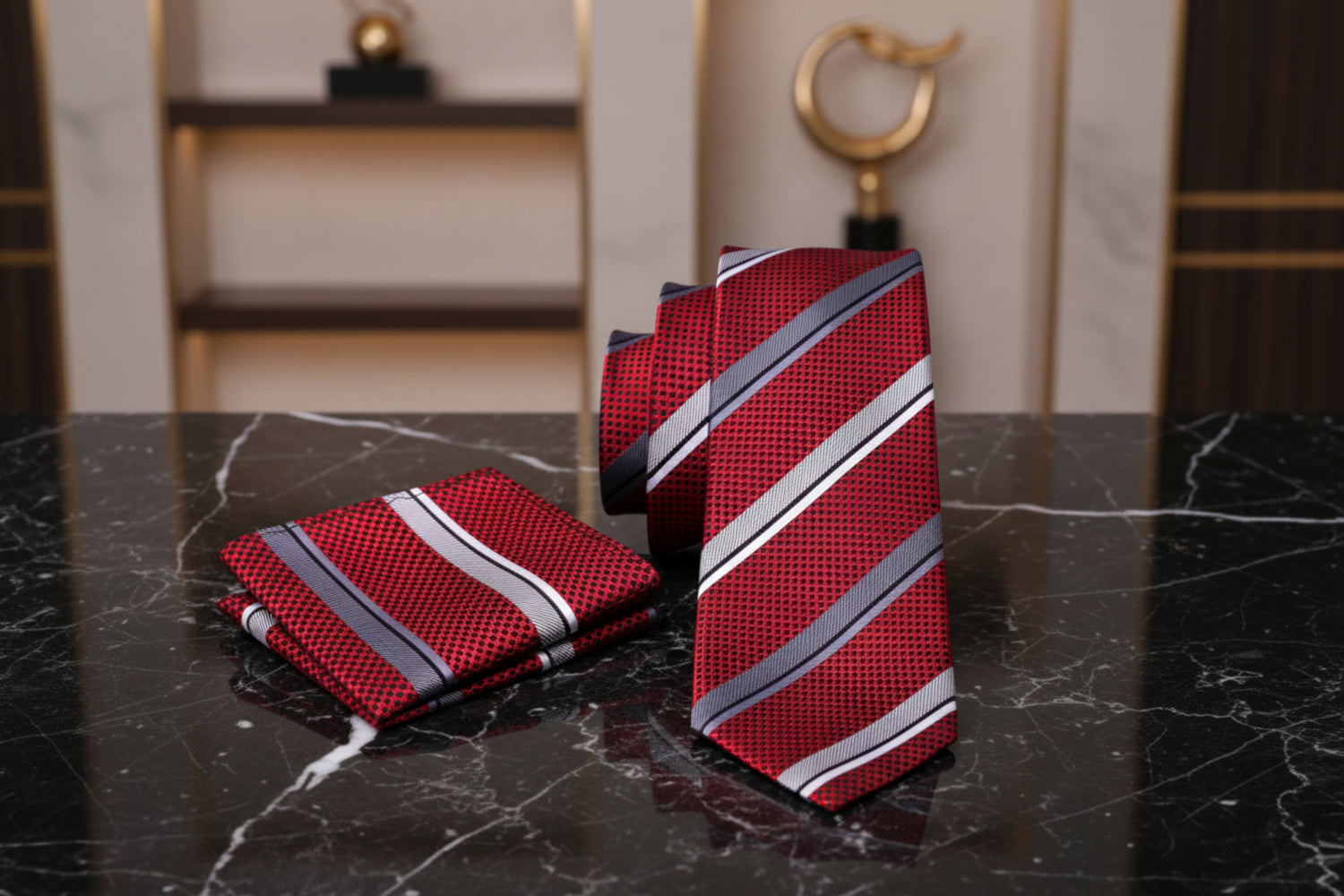 Alt View: A Red, Grey, White Stripe Pattern Necktie, With Matching Pocket Square