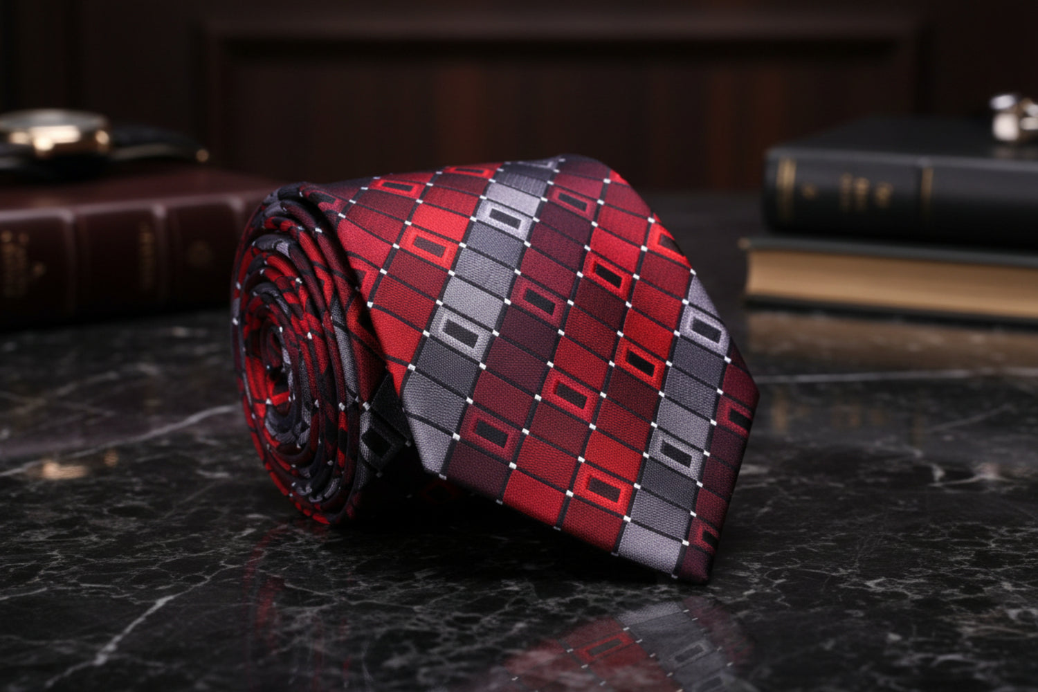 A Red, Grey Geometric Pattern Necktie 