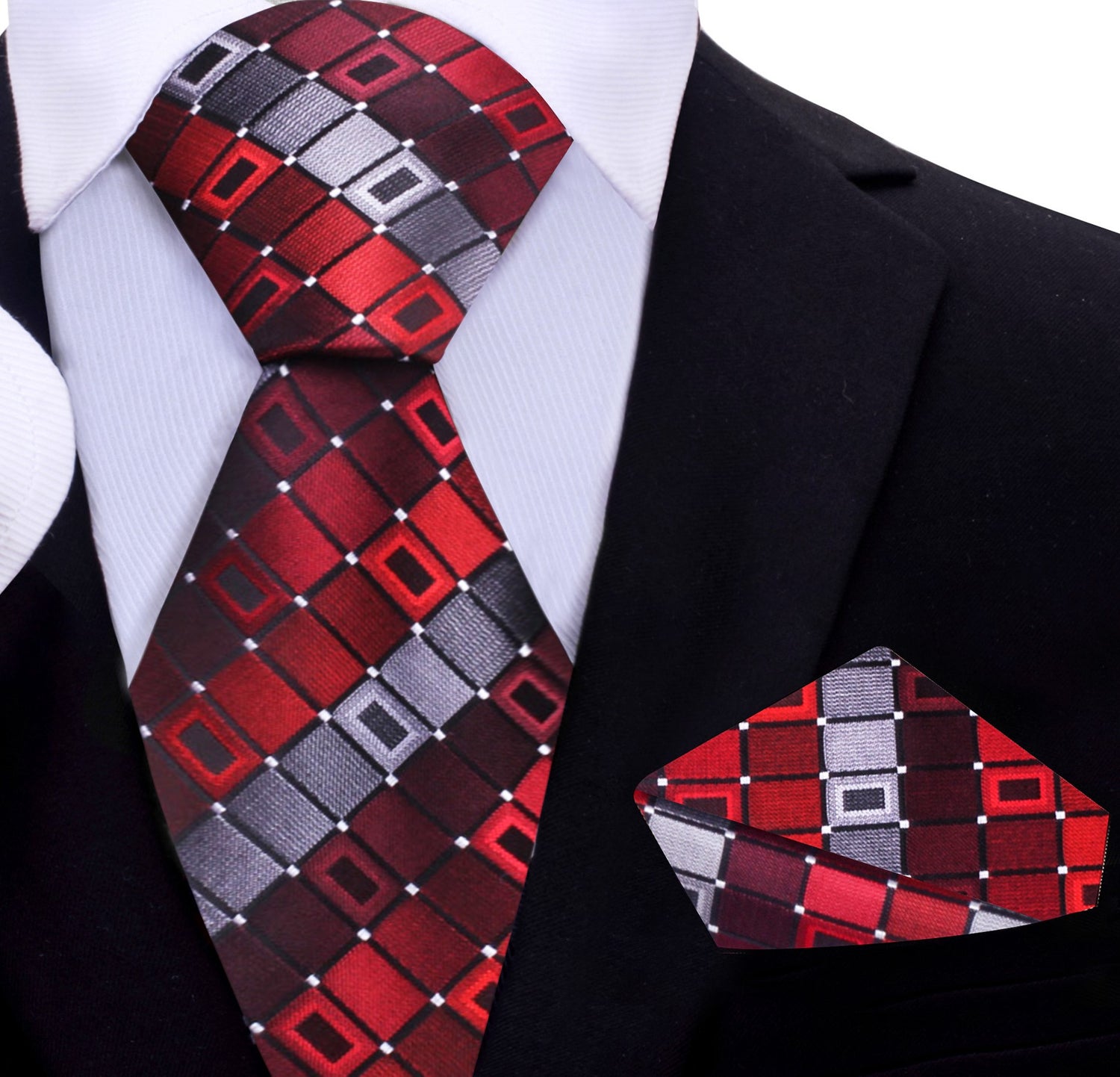 A Red, Grey Geometric Pattern Necktie, Matching Pocket Square