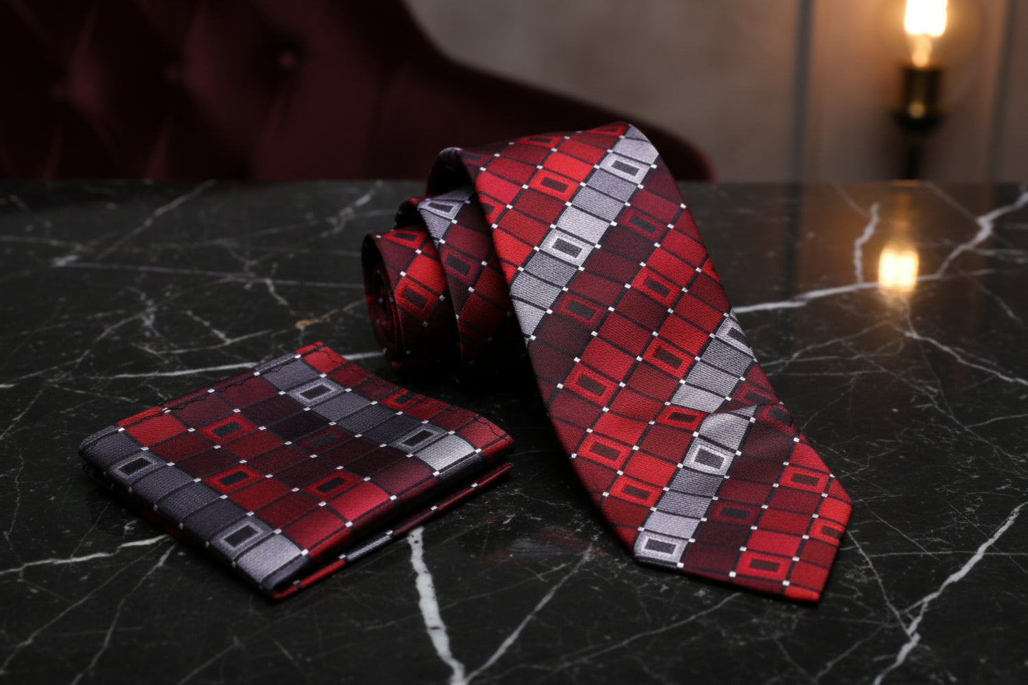 Alt View: A Red, Grey Geometric Pattern  Necktie, Matching Pocket Square