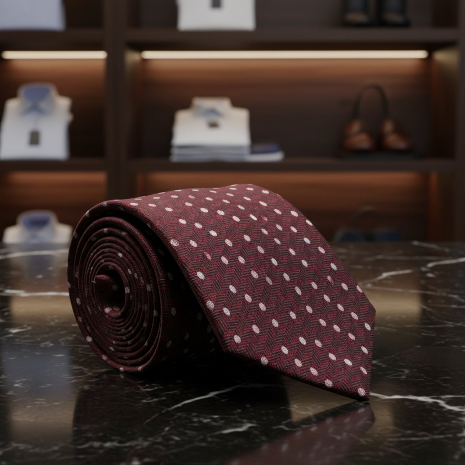 Deep Red Herringbone with Dots Necktie  