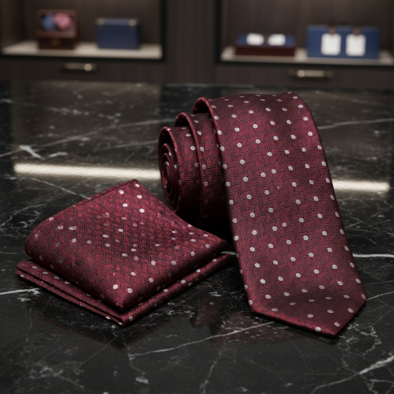 Alt View: Deep Red Herringbone with Dots Necktie and Matching Square