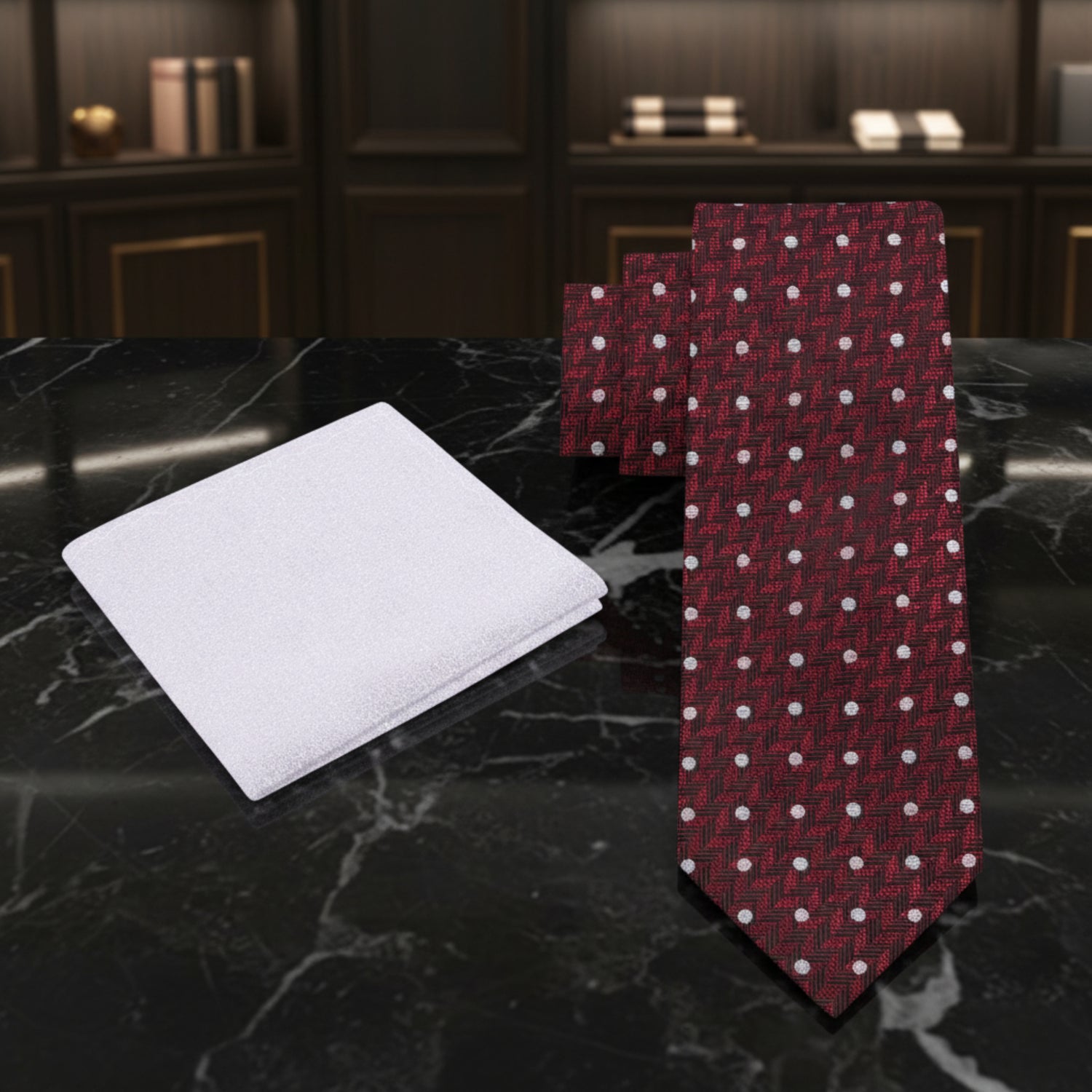 Alt View: Deep Red Herringbone with Dots Necktie and Accenting Silver Square
