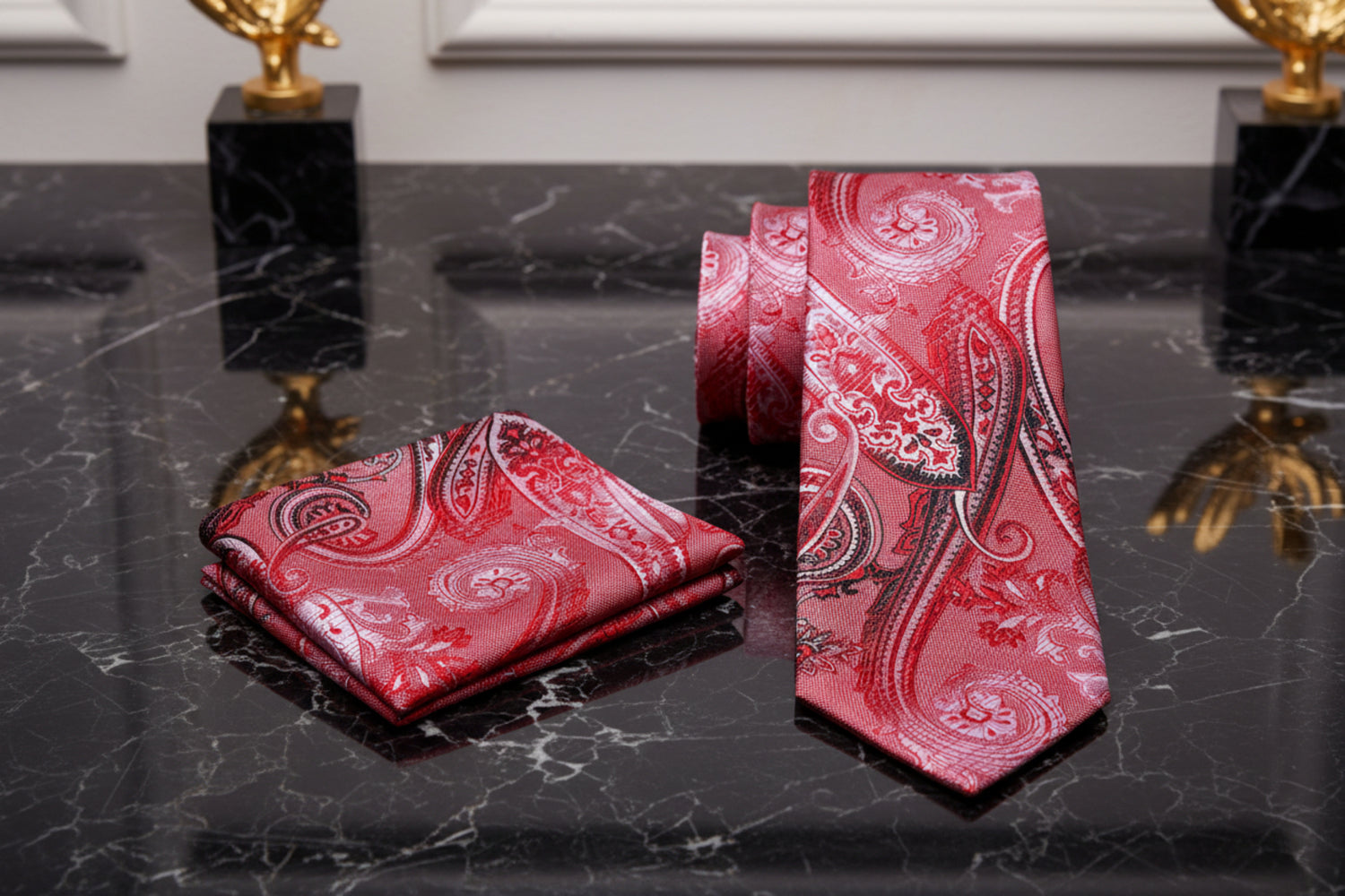 Alt View: A Red Paisley Pattern Necktie, Matching Pocket Square