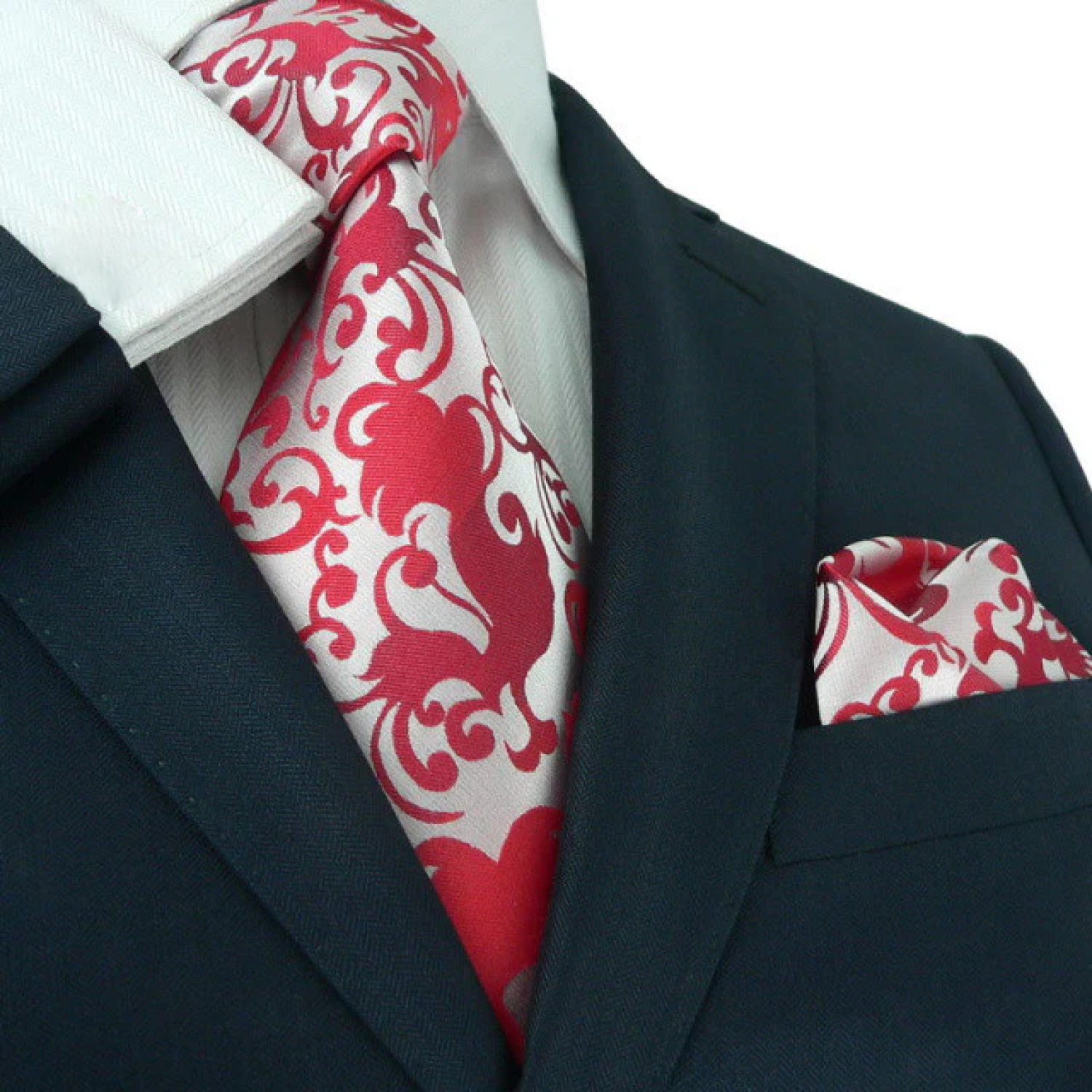 A Light Red, Red Vine Floral Pattern Necktie, Matching Pocket Square