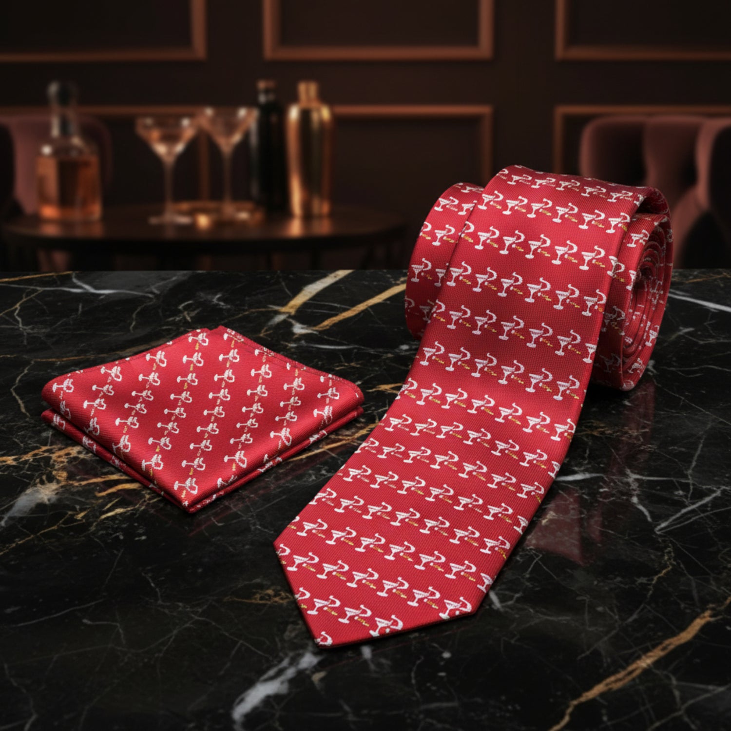 Alt View: Red, White and Brown Martini Glass and Cigar Tie and Matching Square